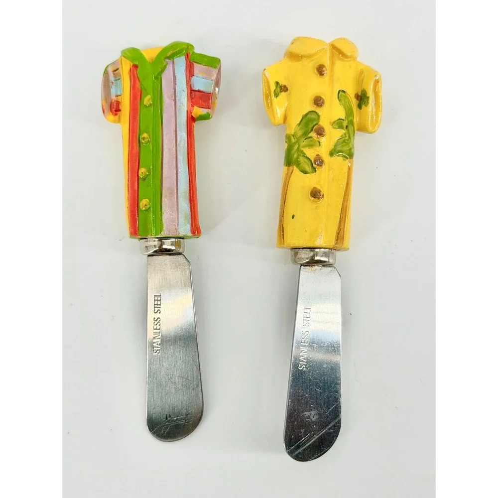 Tropical Hawaiian Shirt Cheese Spreaders Set 2 Stainless Steel Ceramic Handles